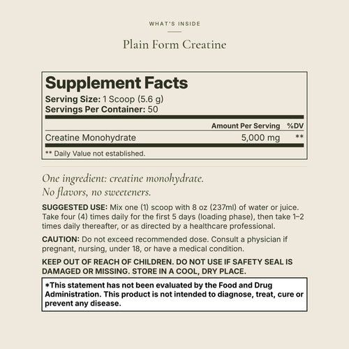 Plain Form Creatine Supplement Facts and directions