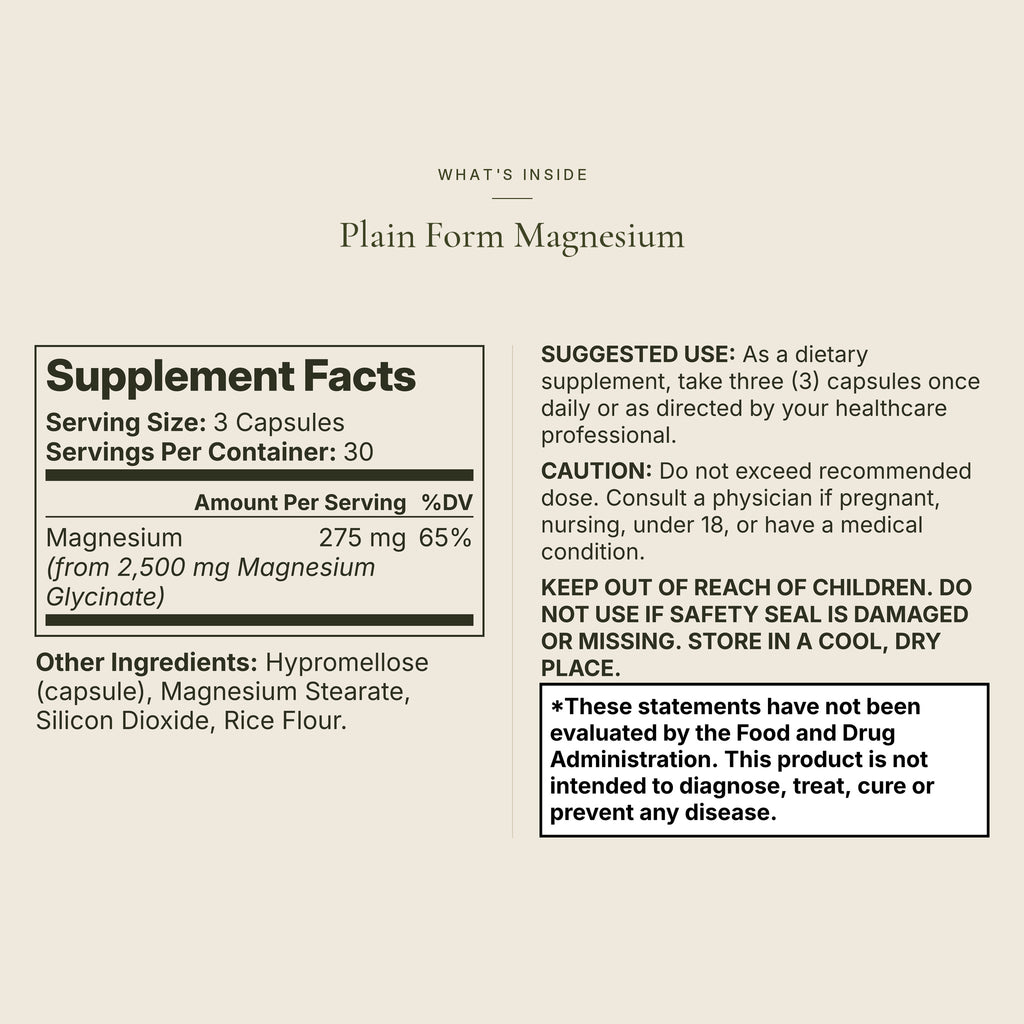 Plain Form Magnesium Glycinate Supplement Facts and directions