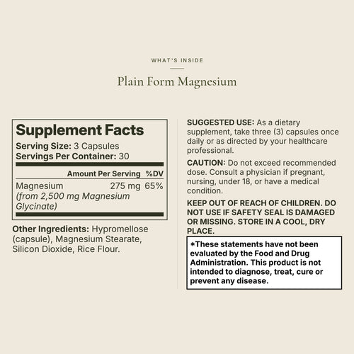 Plain Form Magnesium Glycinate Supplement Facts and directions