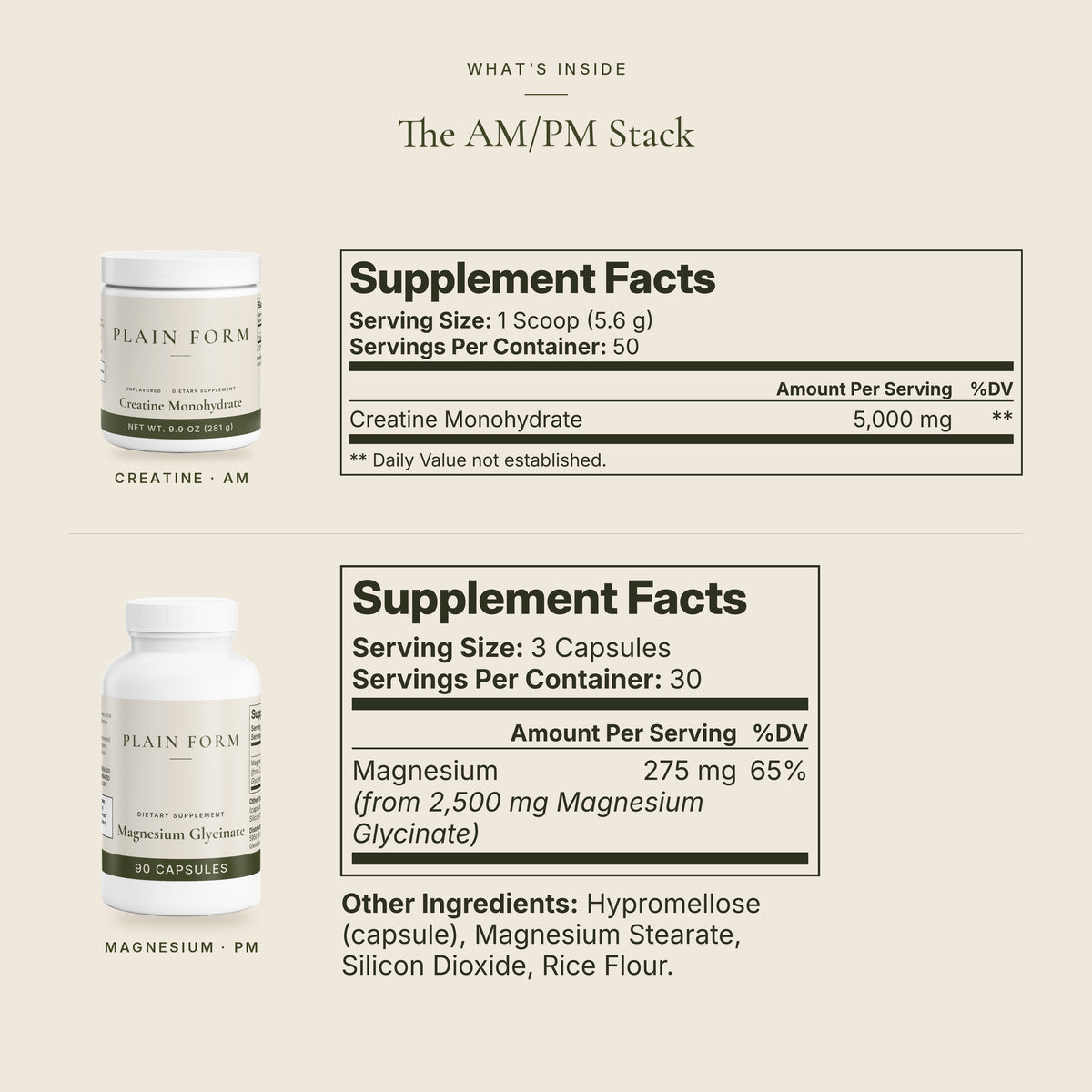 Plain Form AM/PM Stack Supplement Facts for both products