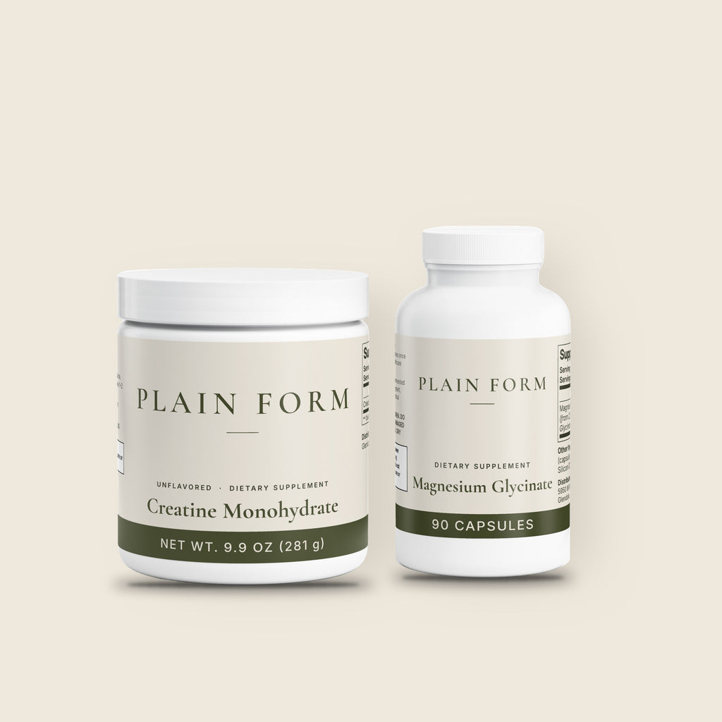 Plain Form AM/PM Stack: Creatine Monohydrate jar and Magnesium Glycinate bottle