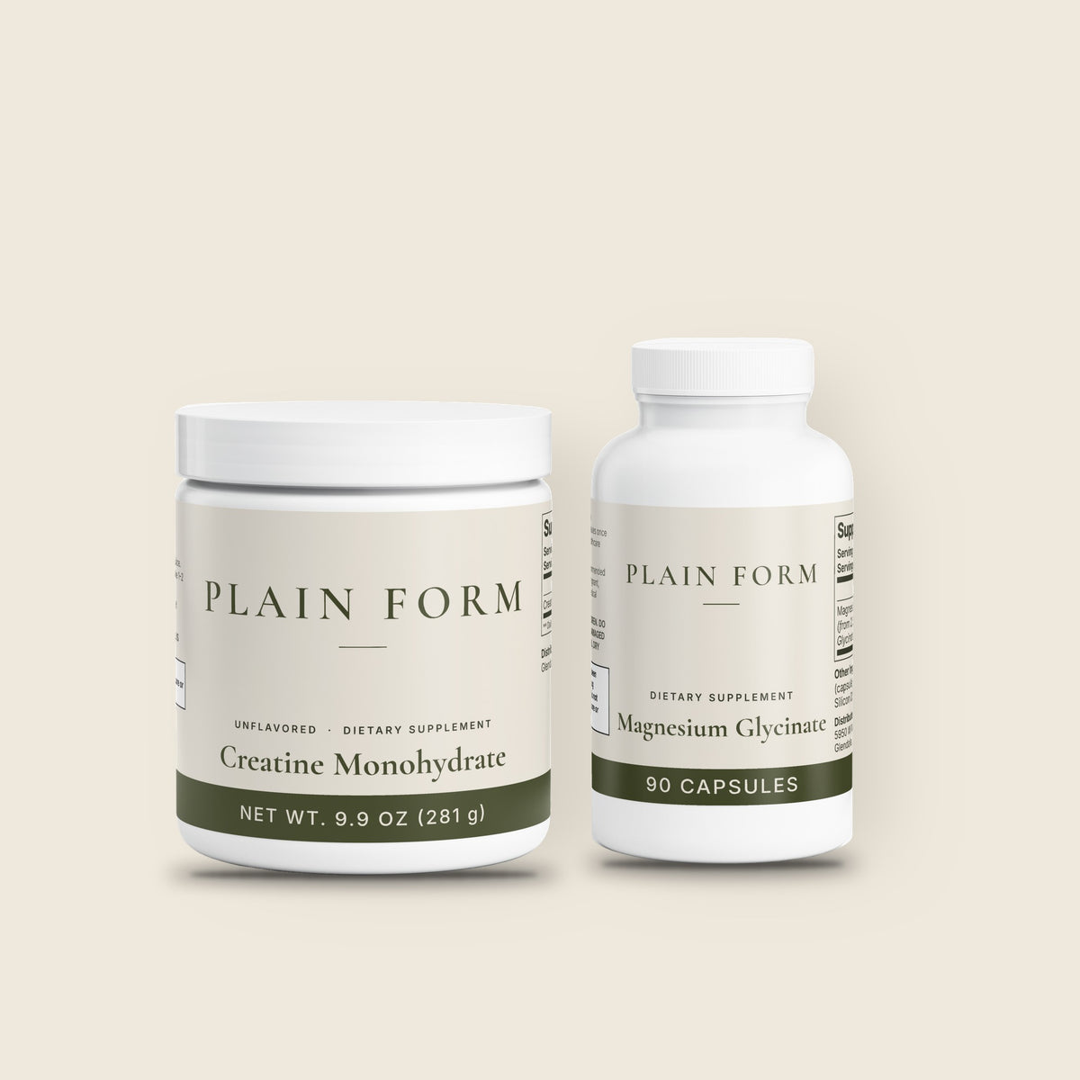 Plain Form AM/PM Stack: Creatine Monohydrate jar and Magnesium Glycinate bottle