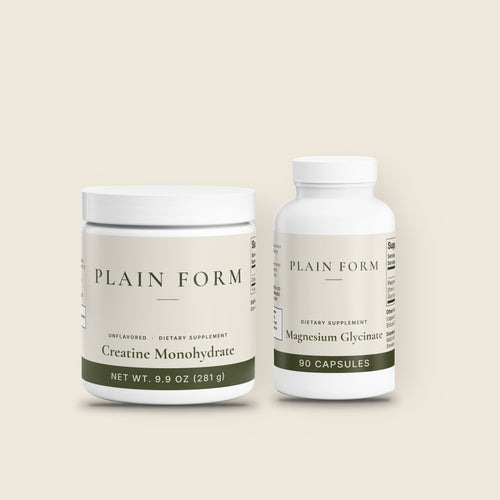 Plain Form AM/PM Stack: Creatine Monohydrate jar and Magnesium Glycinate bottle